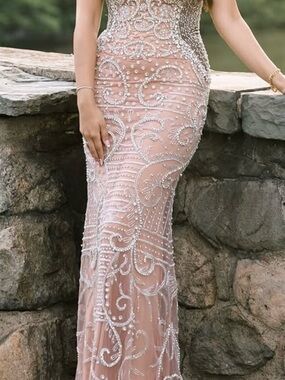 Beaded Sheer Blush Pink Mermaid Wedding Dress